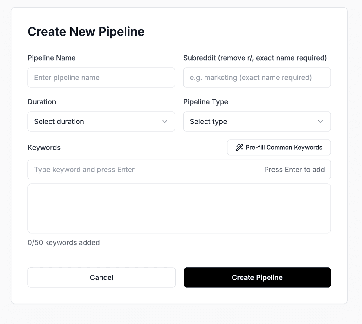 Create New Pipeline Interface